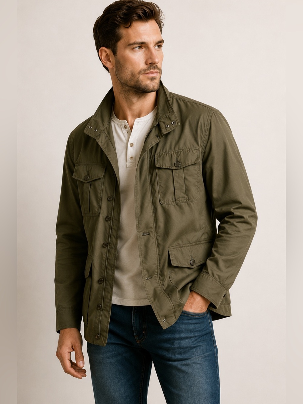 Tasso Elba Men’s Olive Green Field Jacket Military Utility Safari Coat Medium